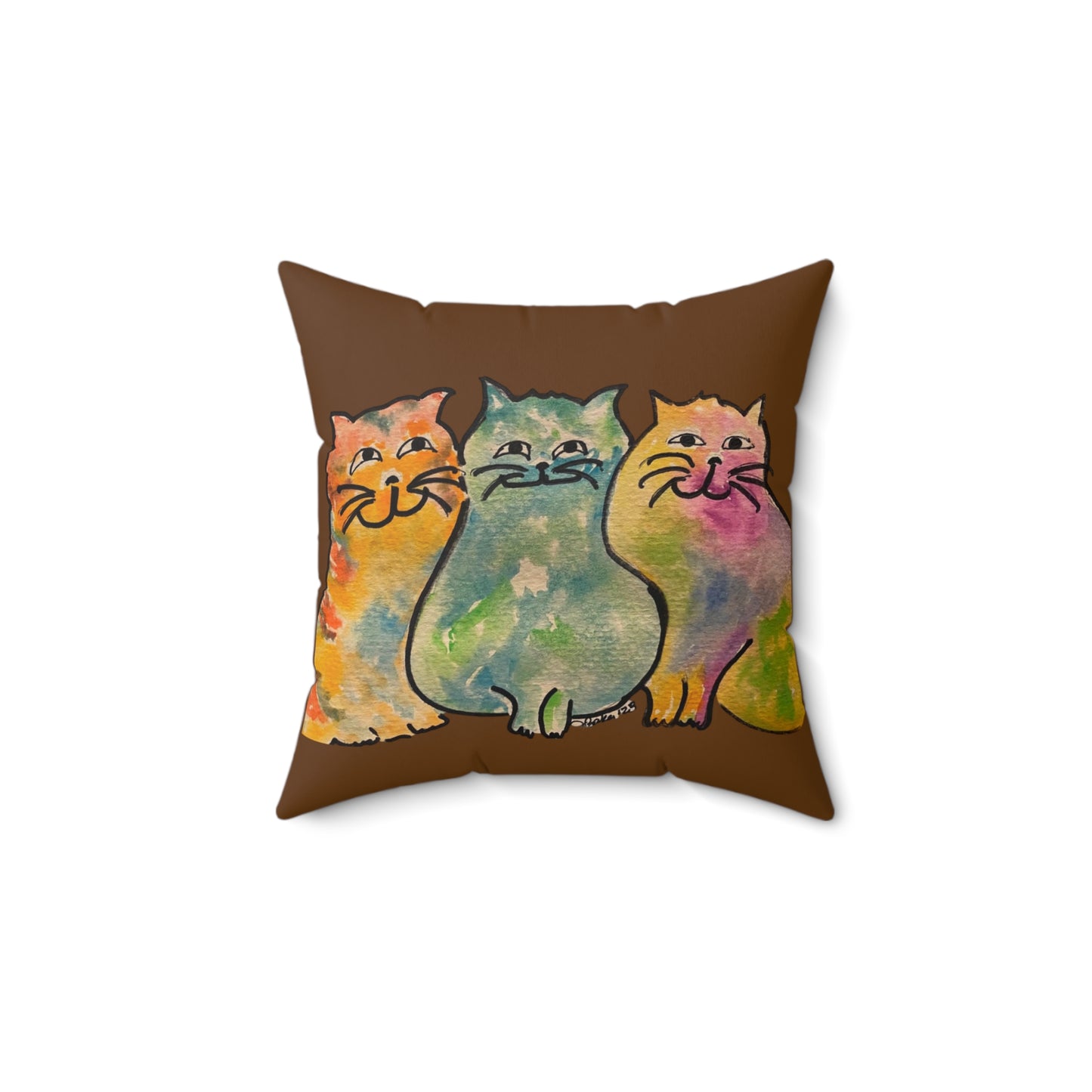 Colorful Watercolor Trio Cats Faux Suede Pillow