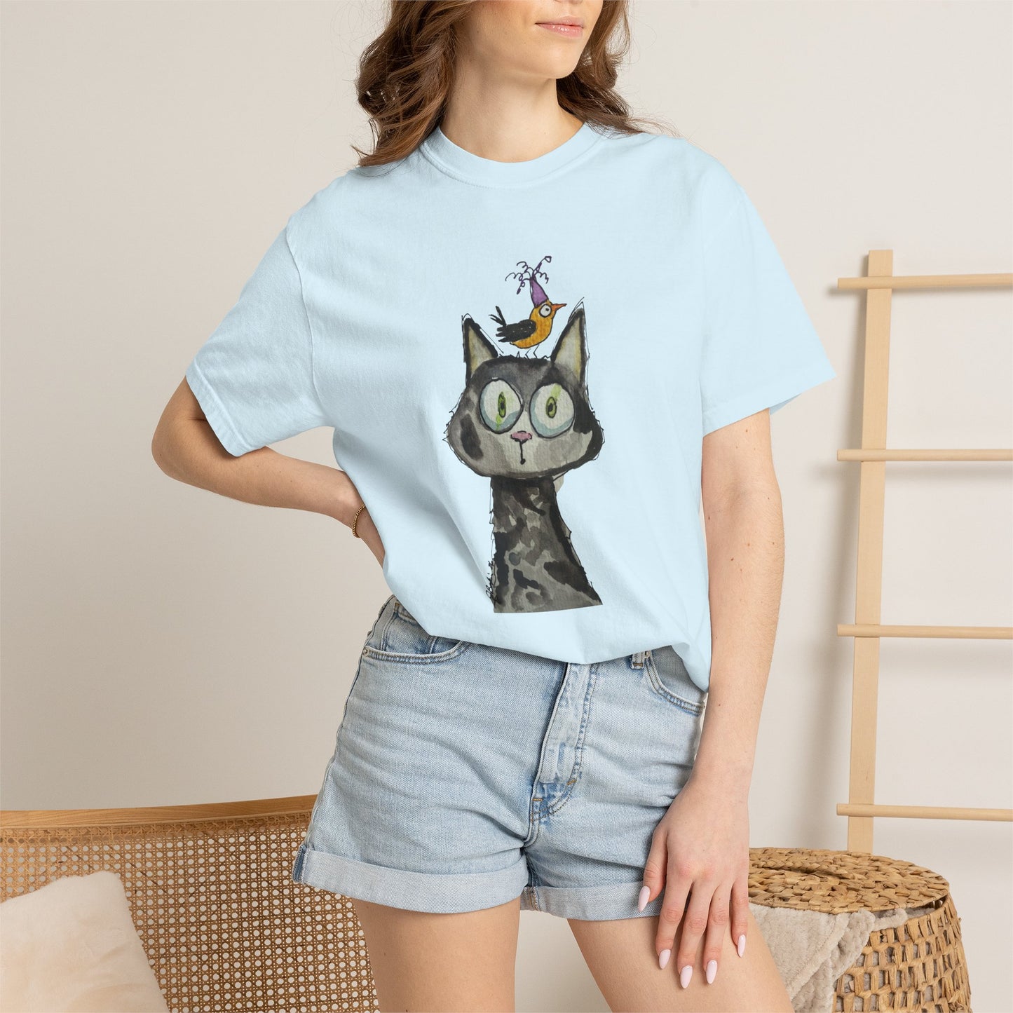 Cat Portrait T‑Shirt with Bird Hat — Whimsical Illustration Tee for Cat Lovers