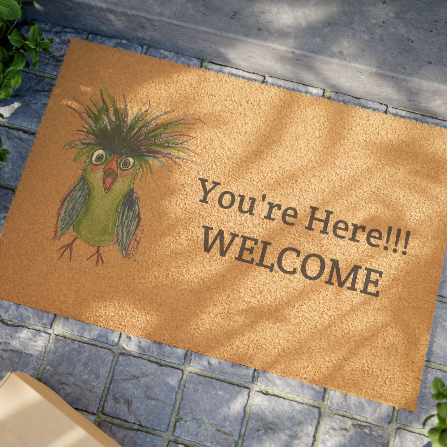 Welcome Parrot Doormat — "You're Here!! WELCOME" Funny Tropical Coir Door Mat