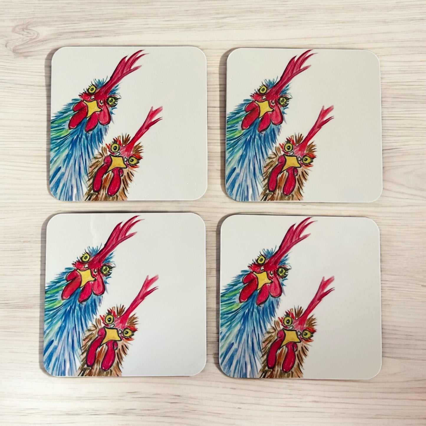 Set of 4 Chicken coasters with cork back