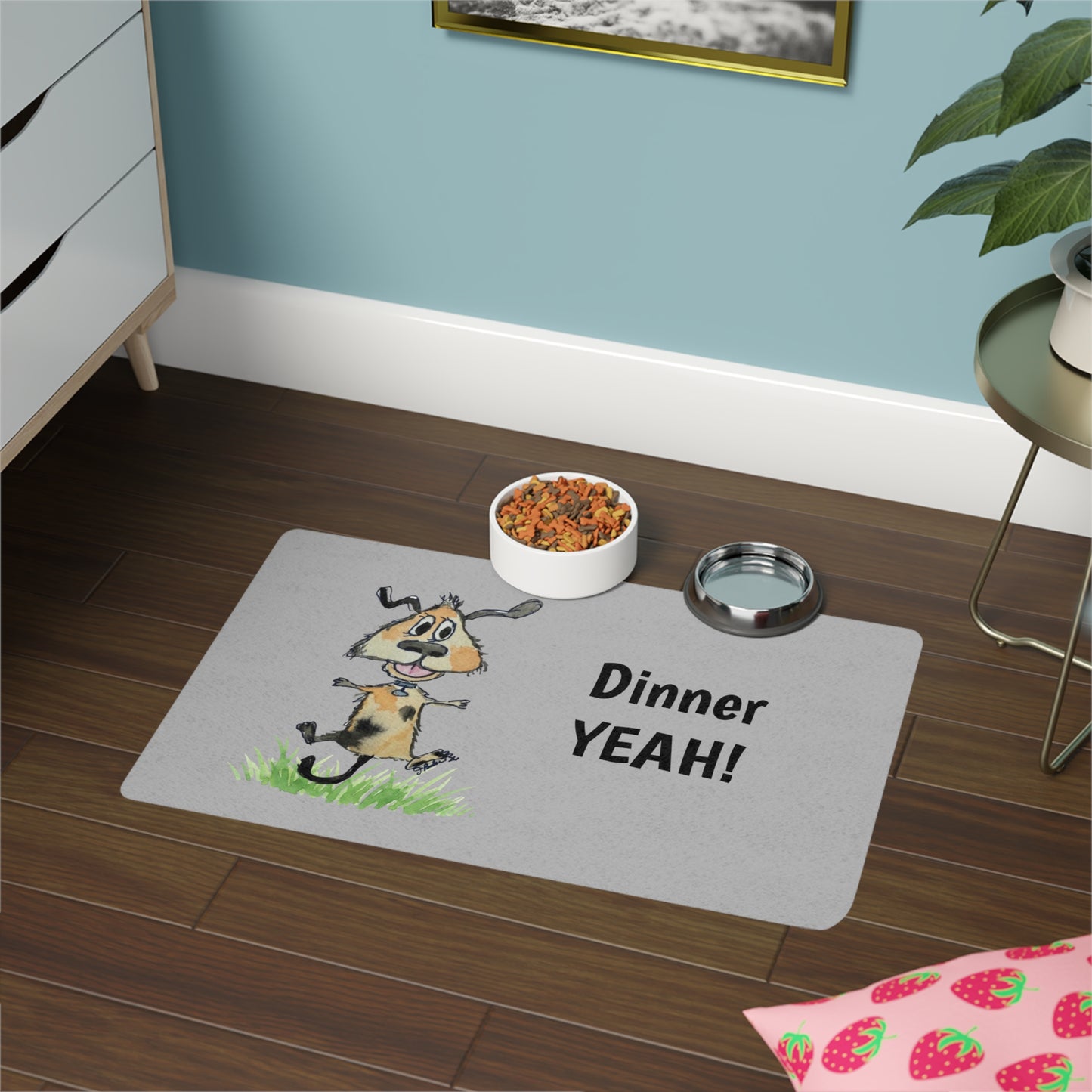 Dinner YEAH!! Pet Food Mat — Cute Cartoon Dog Feeding Placemat (12x18)