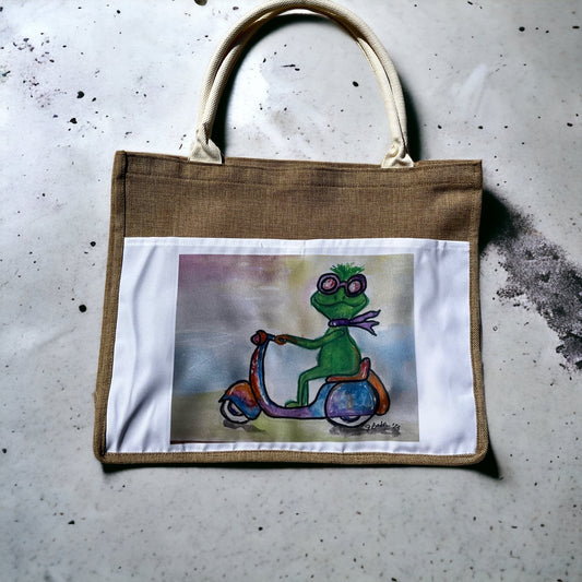 Frog in Scooter Tote Bag watercolor art