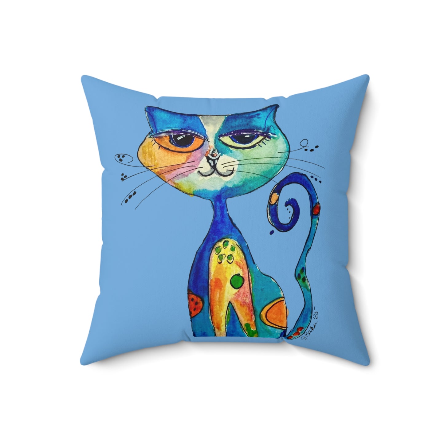 Colorful Whimsical Cat Faux Suede Pillow