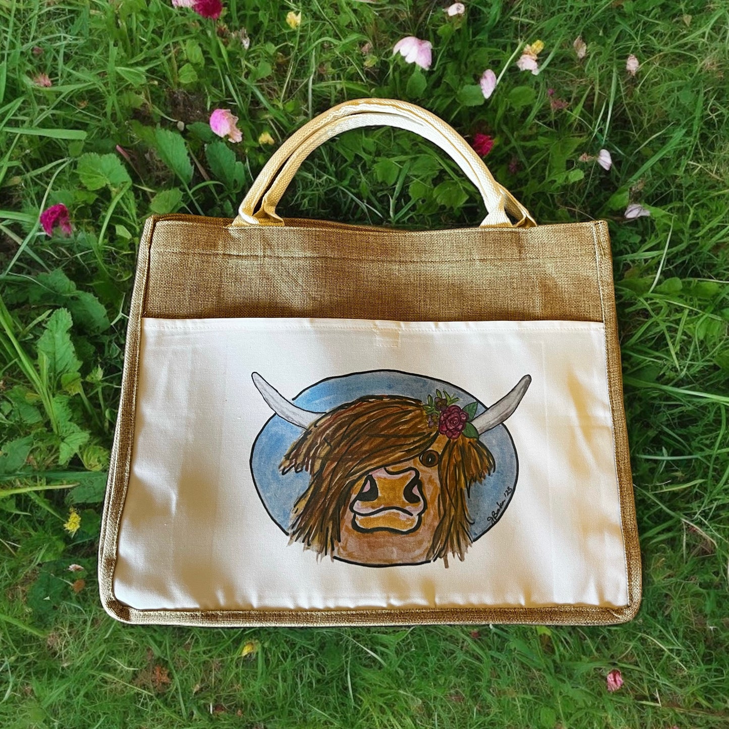 Burlap Style Tote Bag with Highland coo