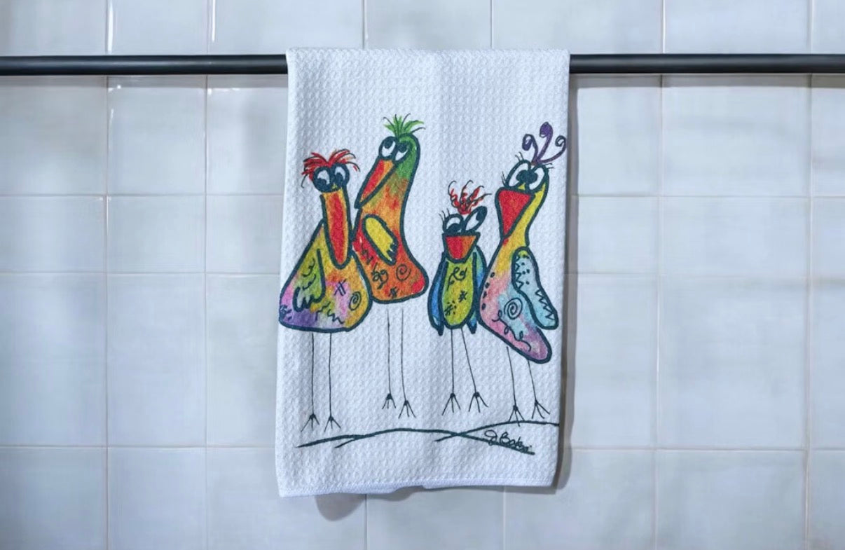 Colorful birds waffle knit kitchen dish towel