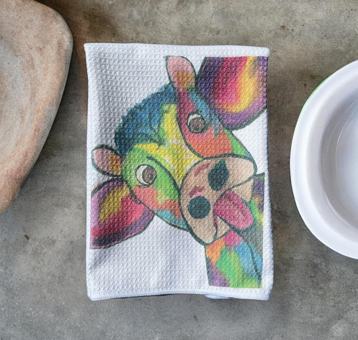 Colorful cow kitchen dish towel