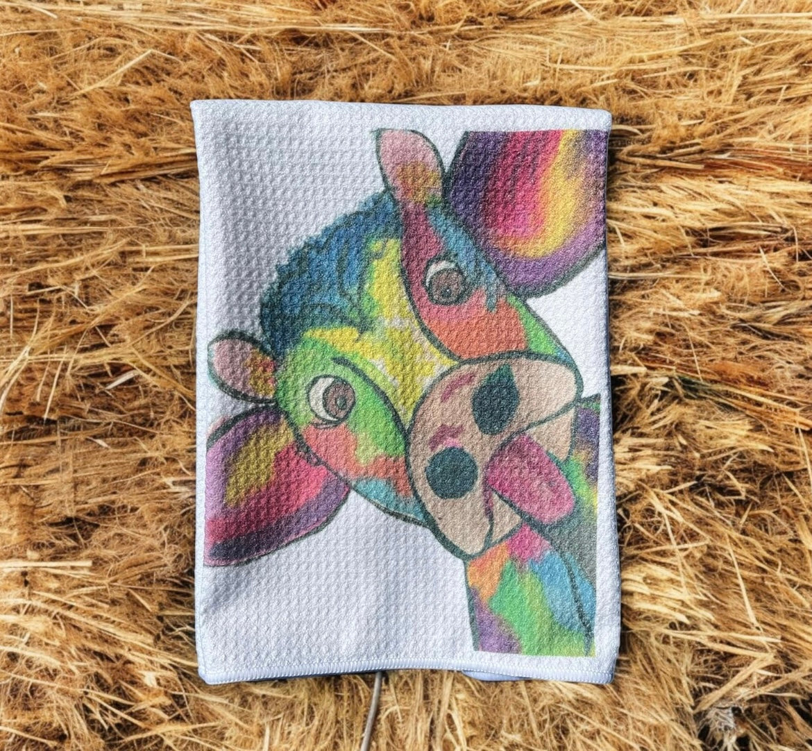 Colorful cow kitchen dish towel