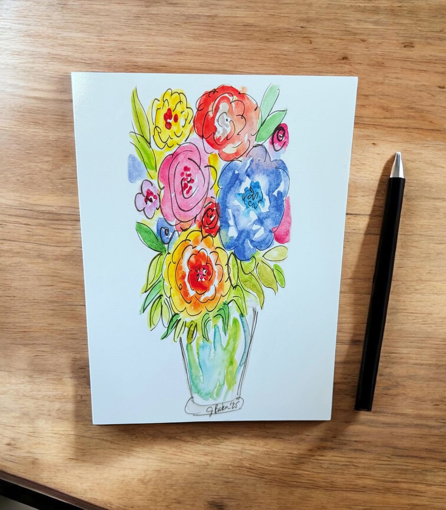 Watercolor flowers on a vase blank notecard