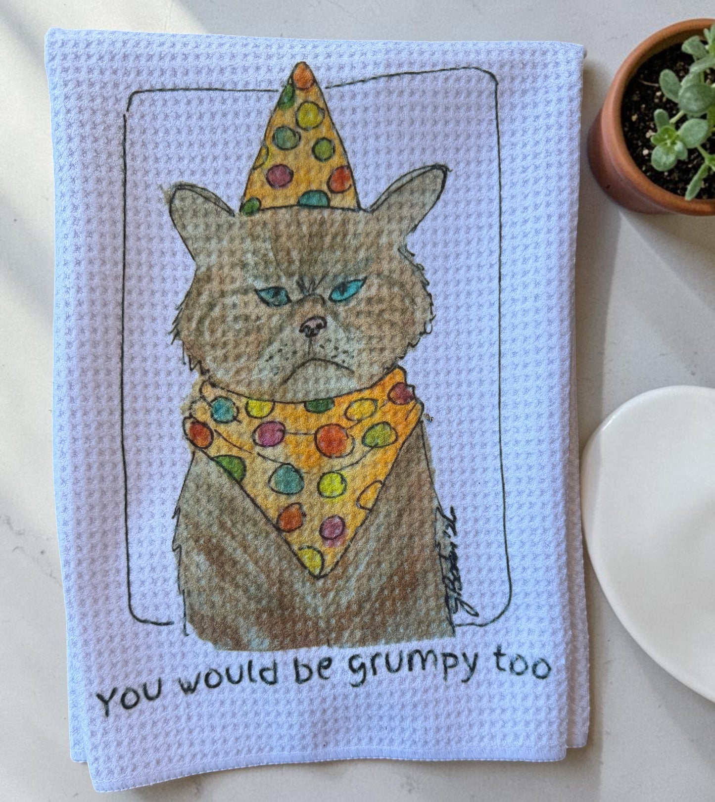 Grumpy birthday cat decorative towel