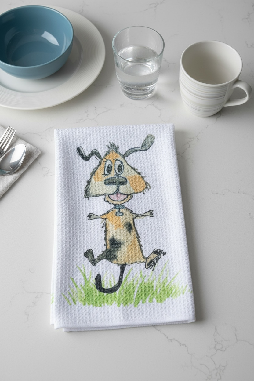 Excited little dog decorative dish towel