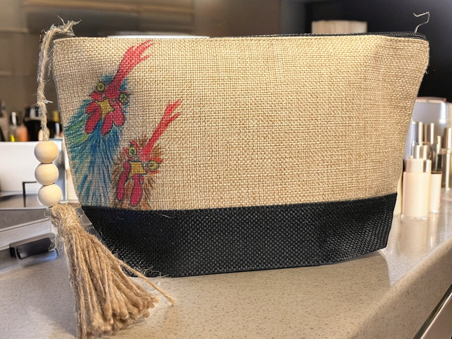 Canvas makeup bag with chickens