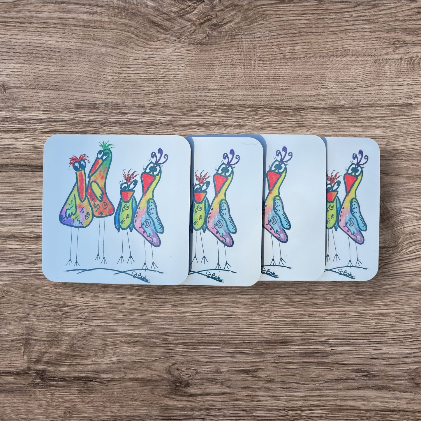 Set of 4 Colorful Birds Coaster with cork back