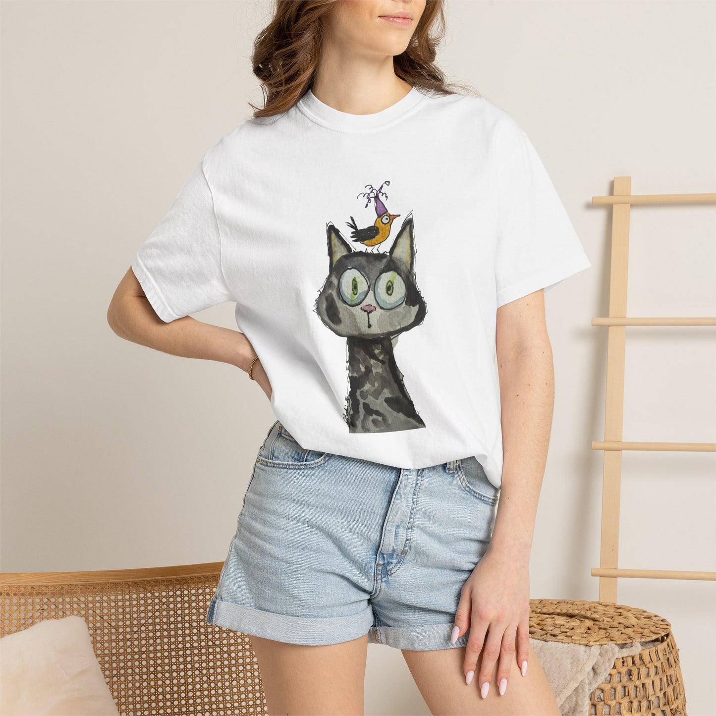 Cat Portrait T‑Shirt with Bird Hat — Whimsical Illustration Tee for Cat Lovers