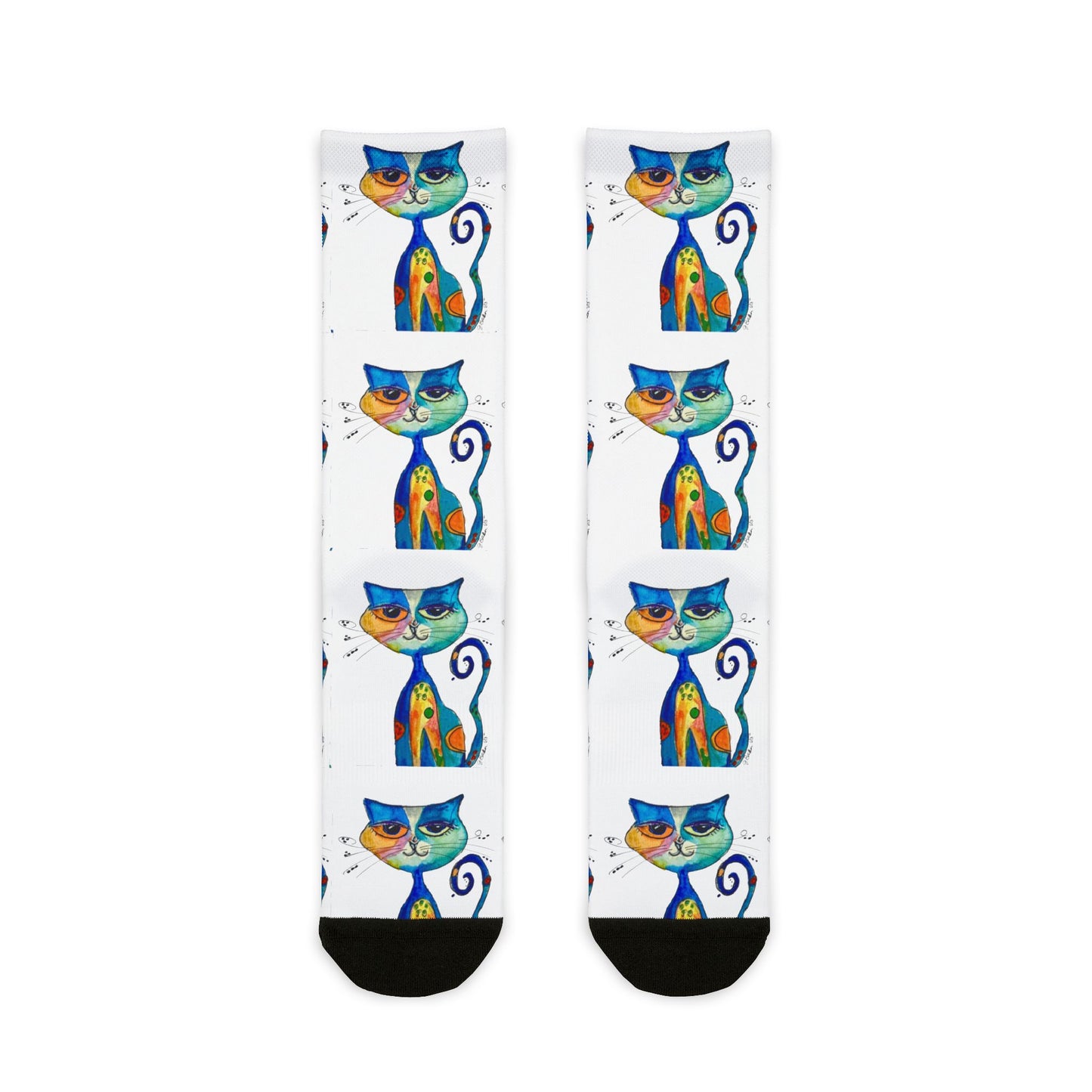 Colorful Watercolor Cat Crew Socks — Cute Artistic Cat Pattern Sublimation Socks