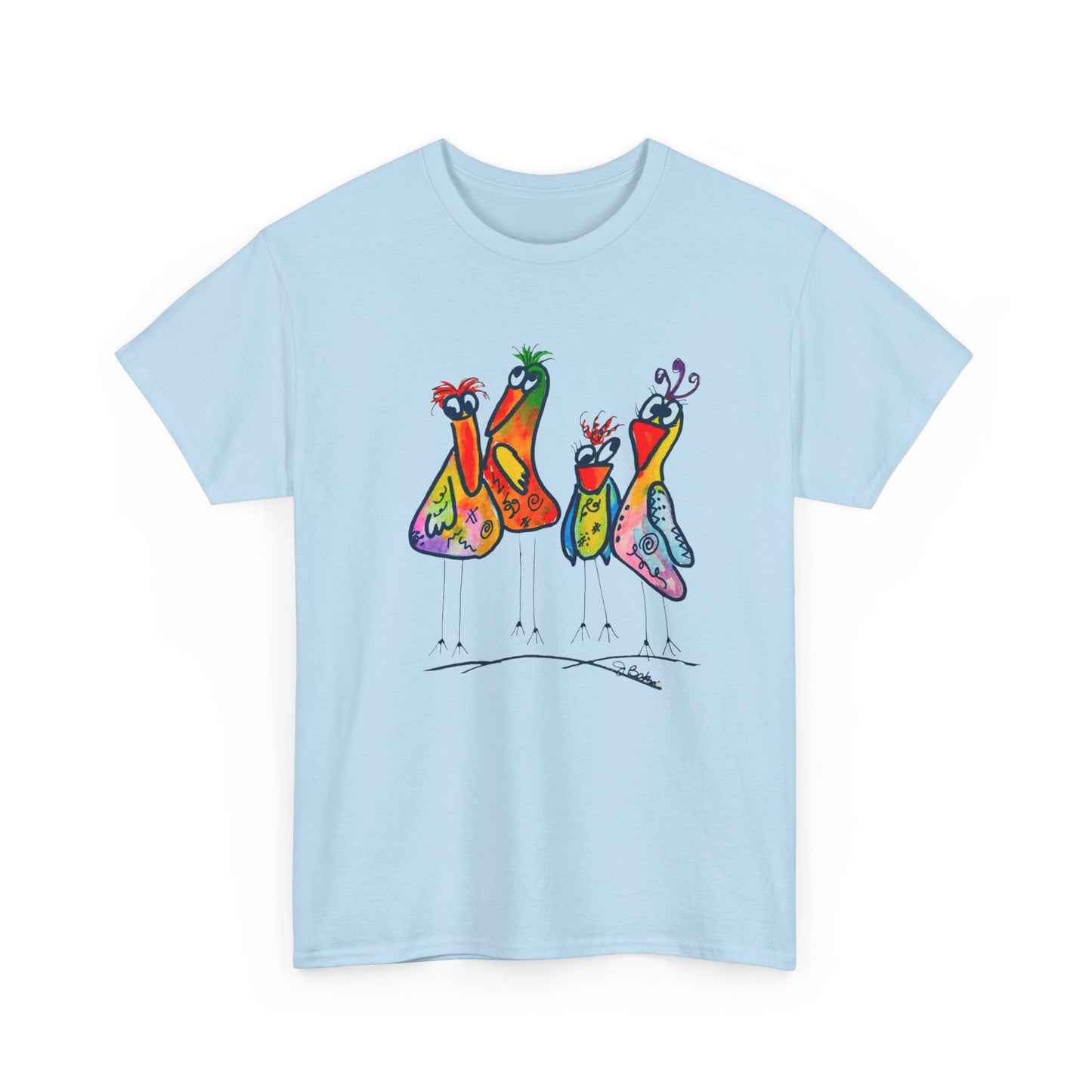 Colorful Little Bird Quartet T-Shirt — Whimsical Art Tee for Bird Lovers