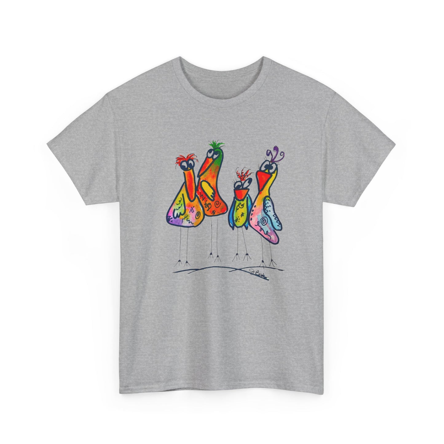 Colorful Little Bird Quartet T-Shirt — Whimsical Art Tee for Bird Lovers