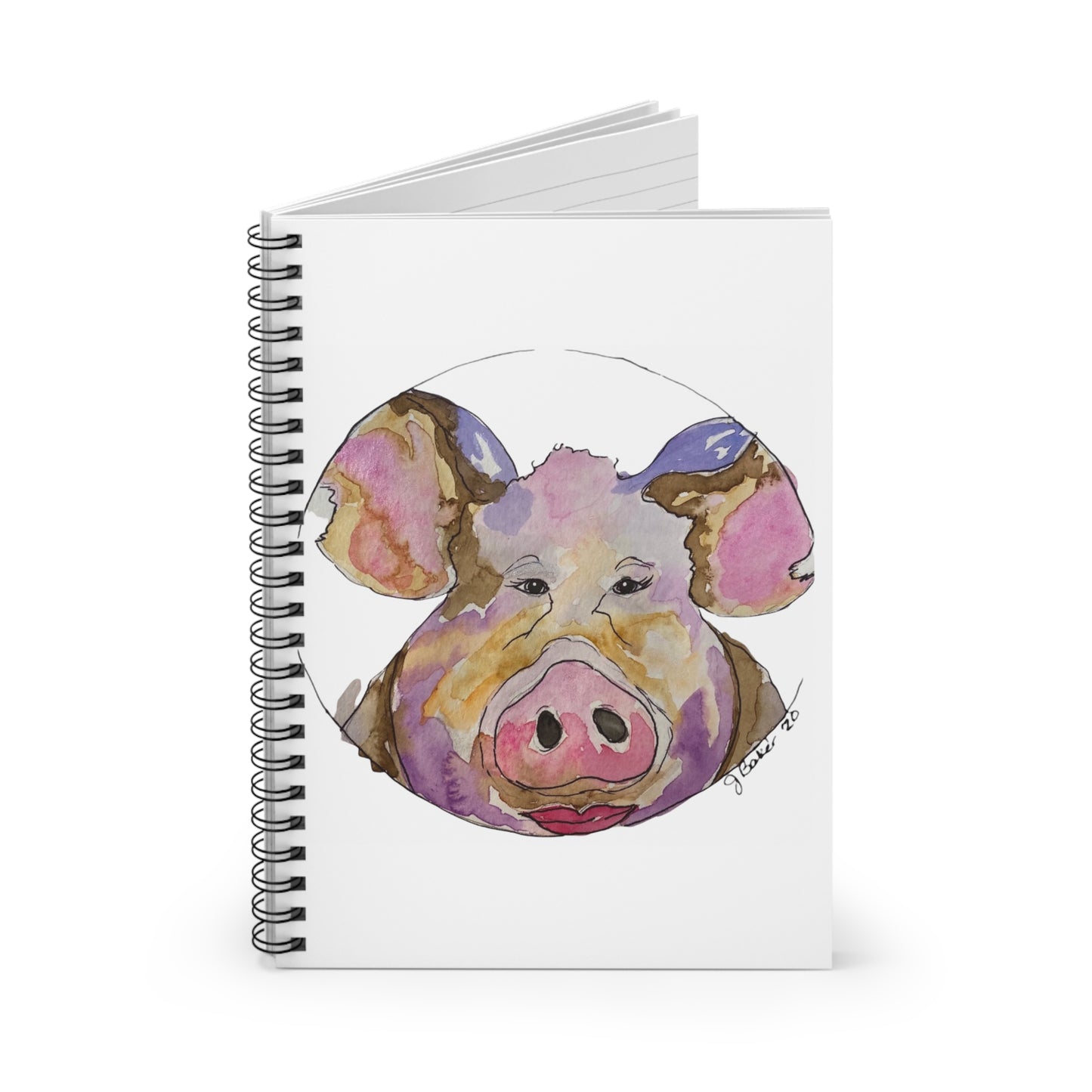 Pig Watercolor Spiral Notebook — Cute Farm Animal Ruled Journal