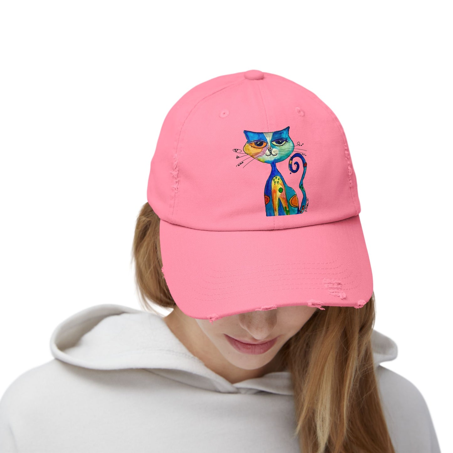 Cat Art Distressed Cap — Colorful Watercolor Cat Hat