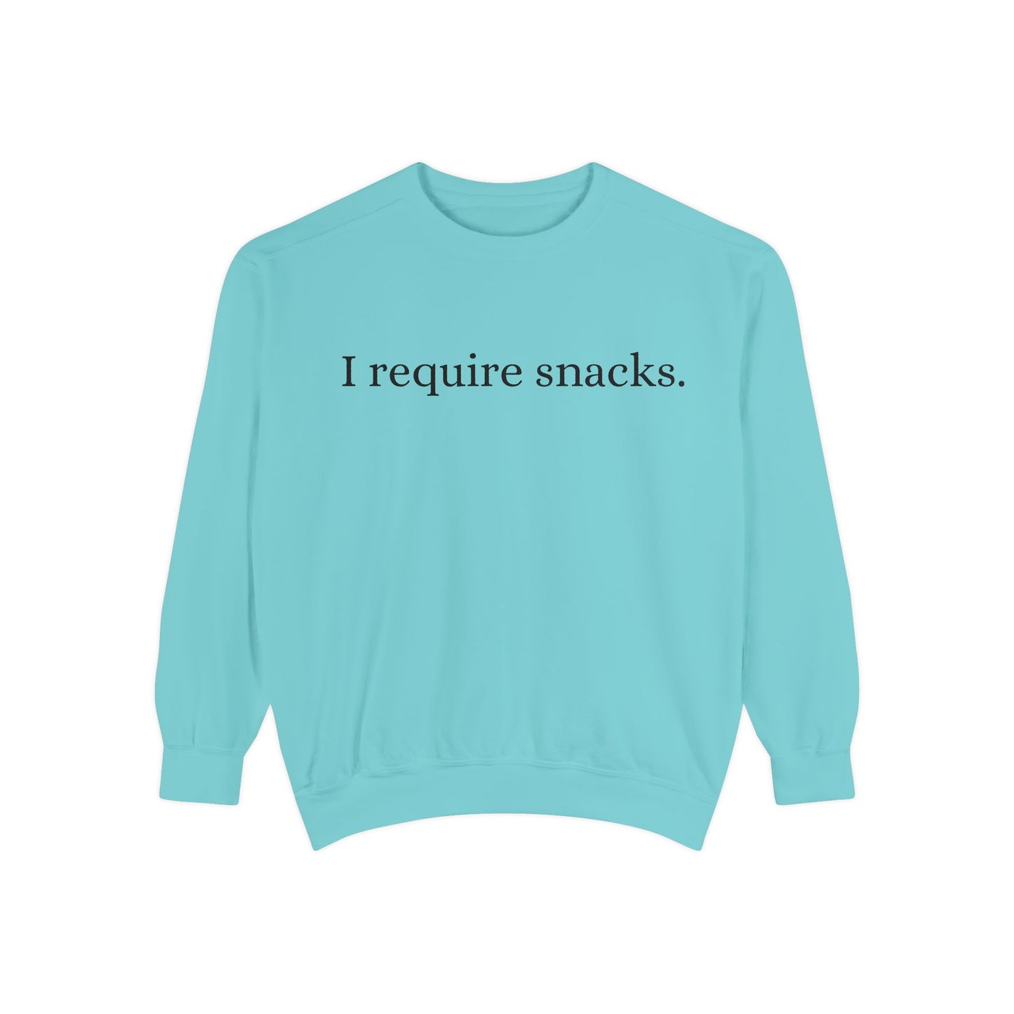 I Require Snacks Sweatshirt — Funny Casual Crewneck for Snack Lovers