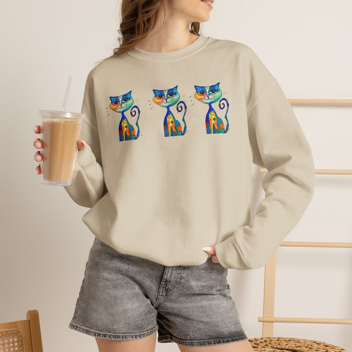 Colorful Cat Trio Crewneck Sweatshirt