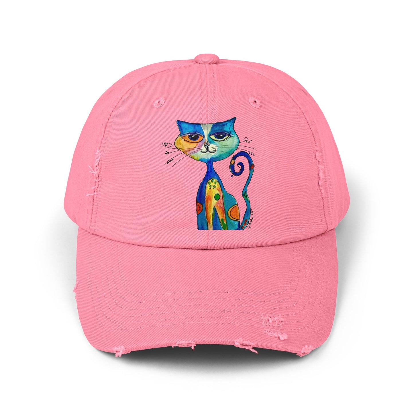 Cat Art Distressed Cap — Colorful Watercolor Cat Hat