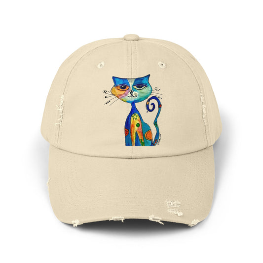 Cat Art Distressed Cap — Colorful Watercolor Cat Hat
