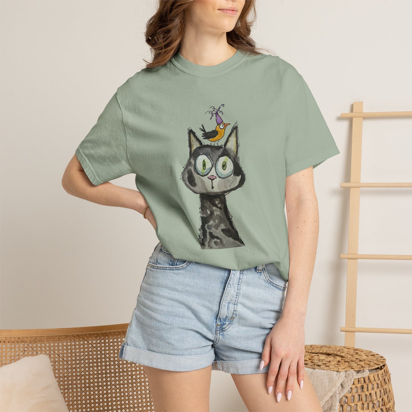 Cat Portrait T‑Shirt with Bird Hat — Whimsical Illustration Tee for Cat Lovers