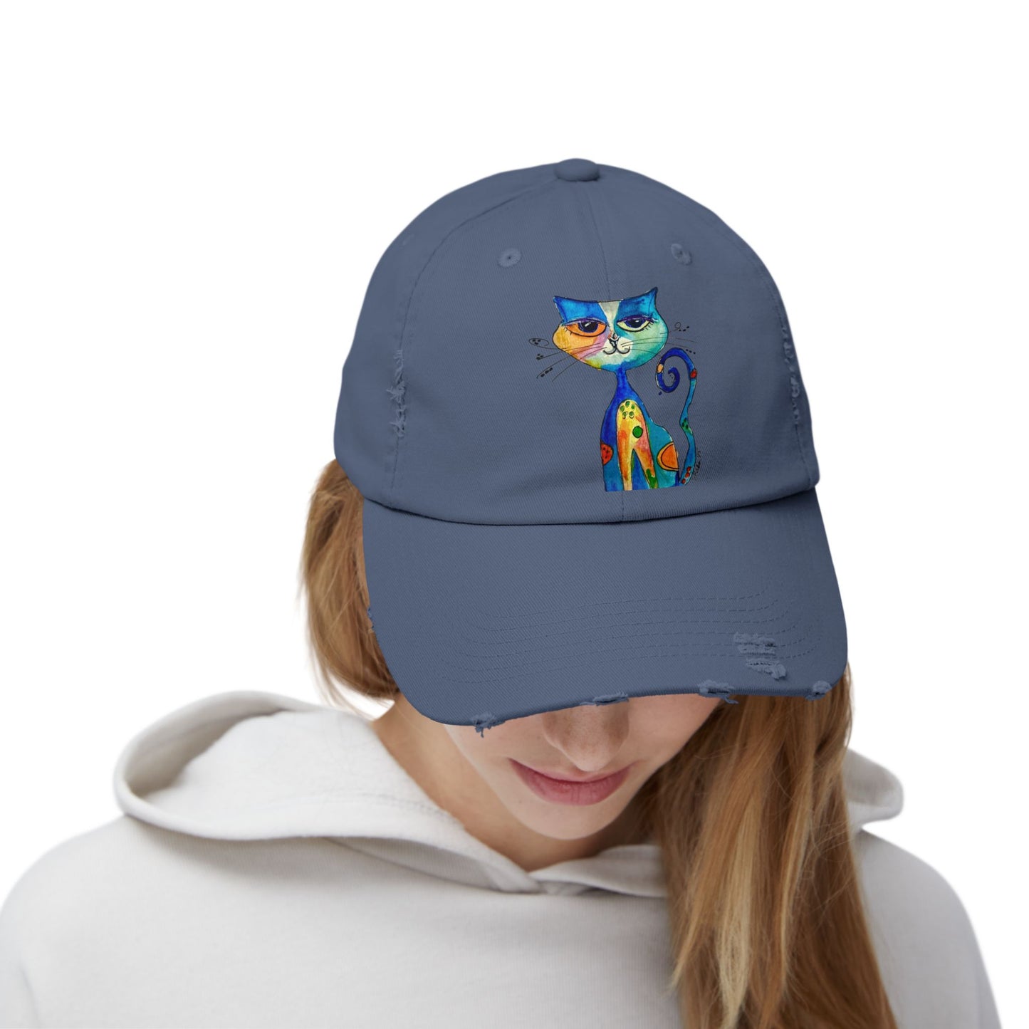 Cat Art Distressed Cap — Colorful Watercolor Cat Hat