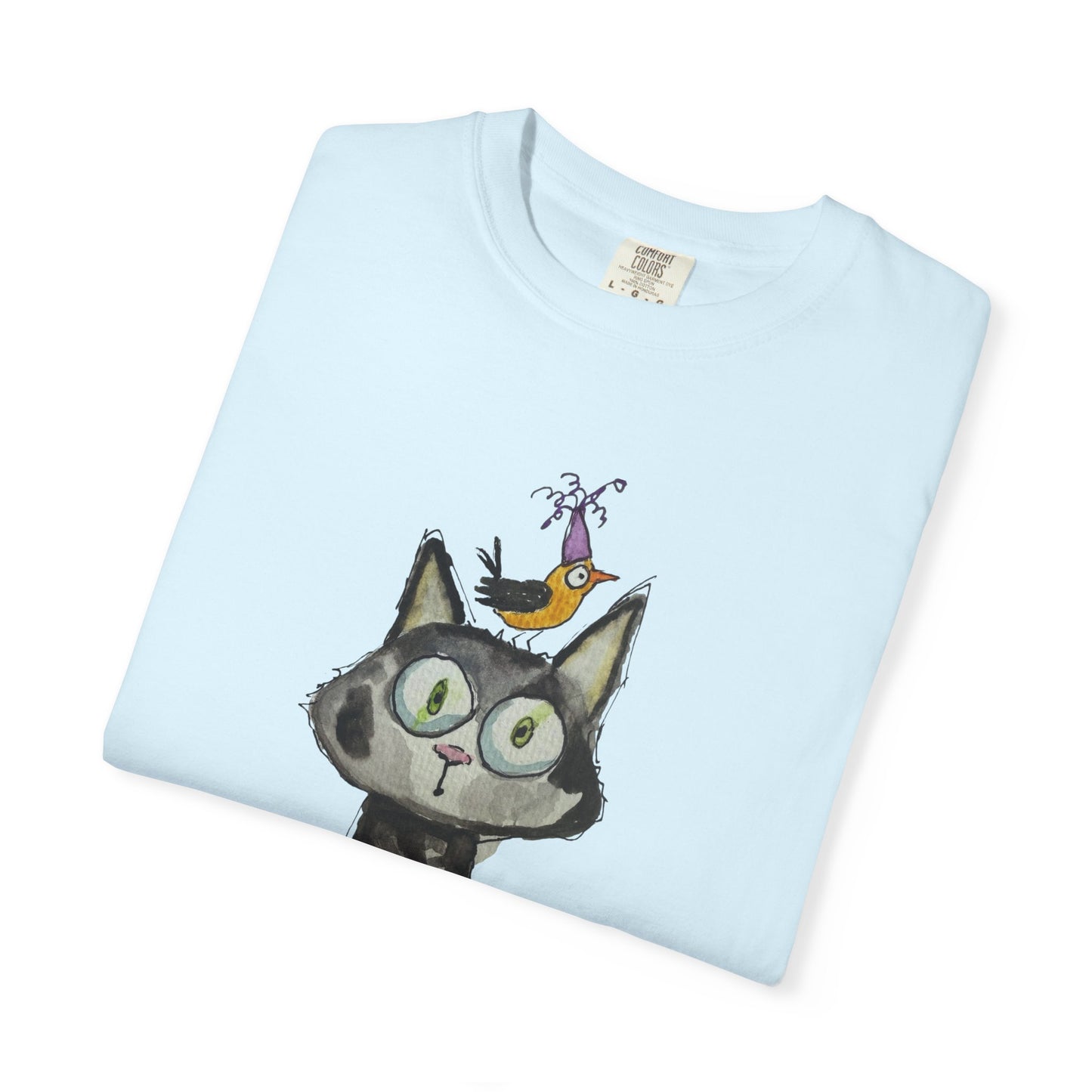 Cat Portrait T‑Shirt with Bird Hat — Whimsical Illustration Tee for Cat Lovers