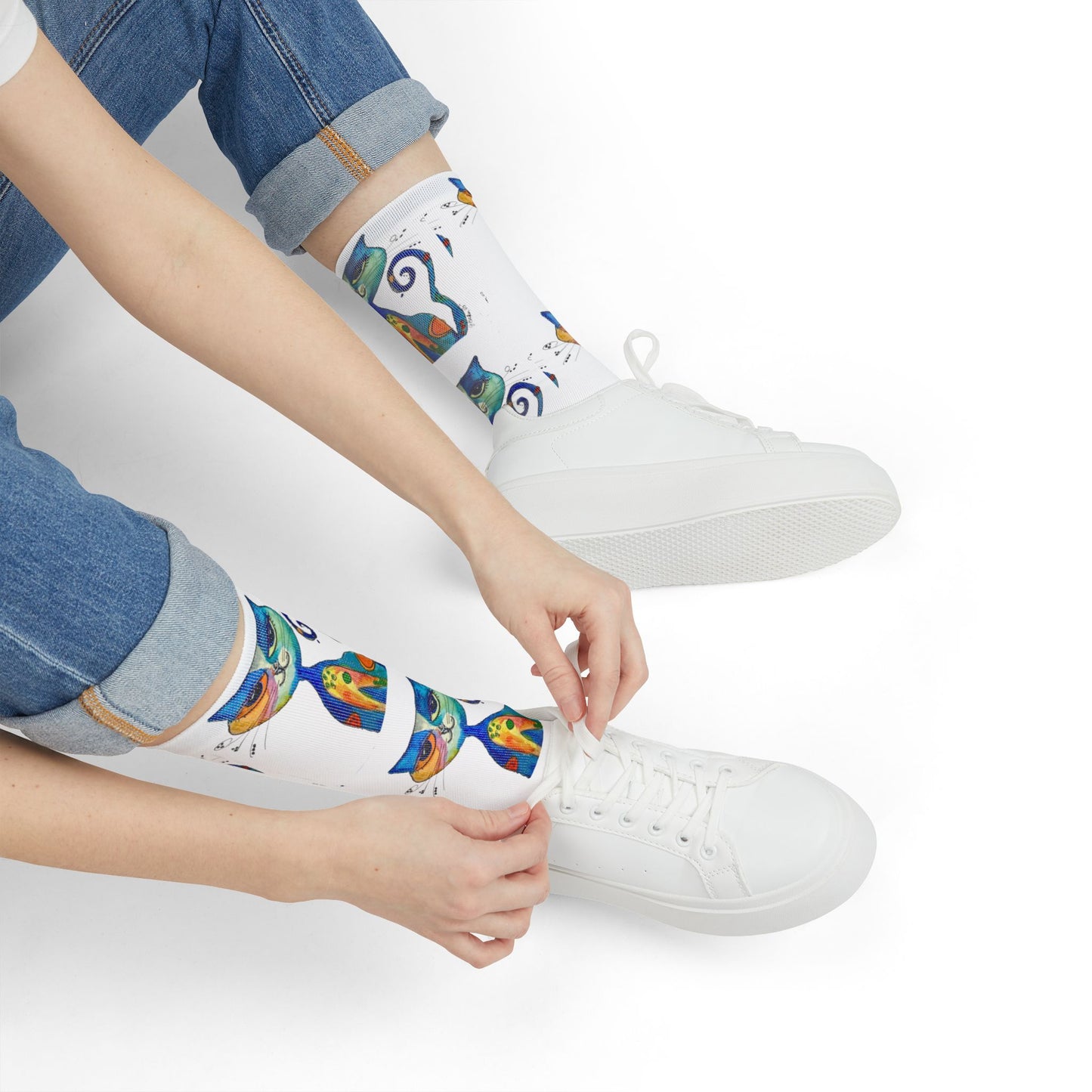 Colorful Watercolor Cat Crew Socks — Cute Artistic Cat Pattern Sublimation Socks