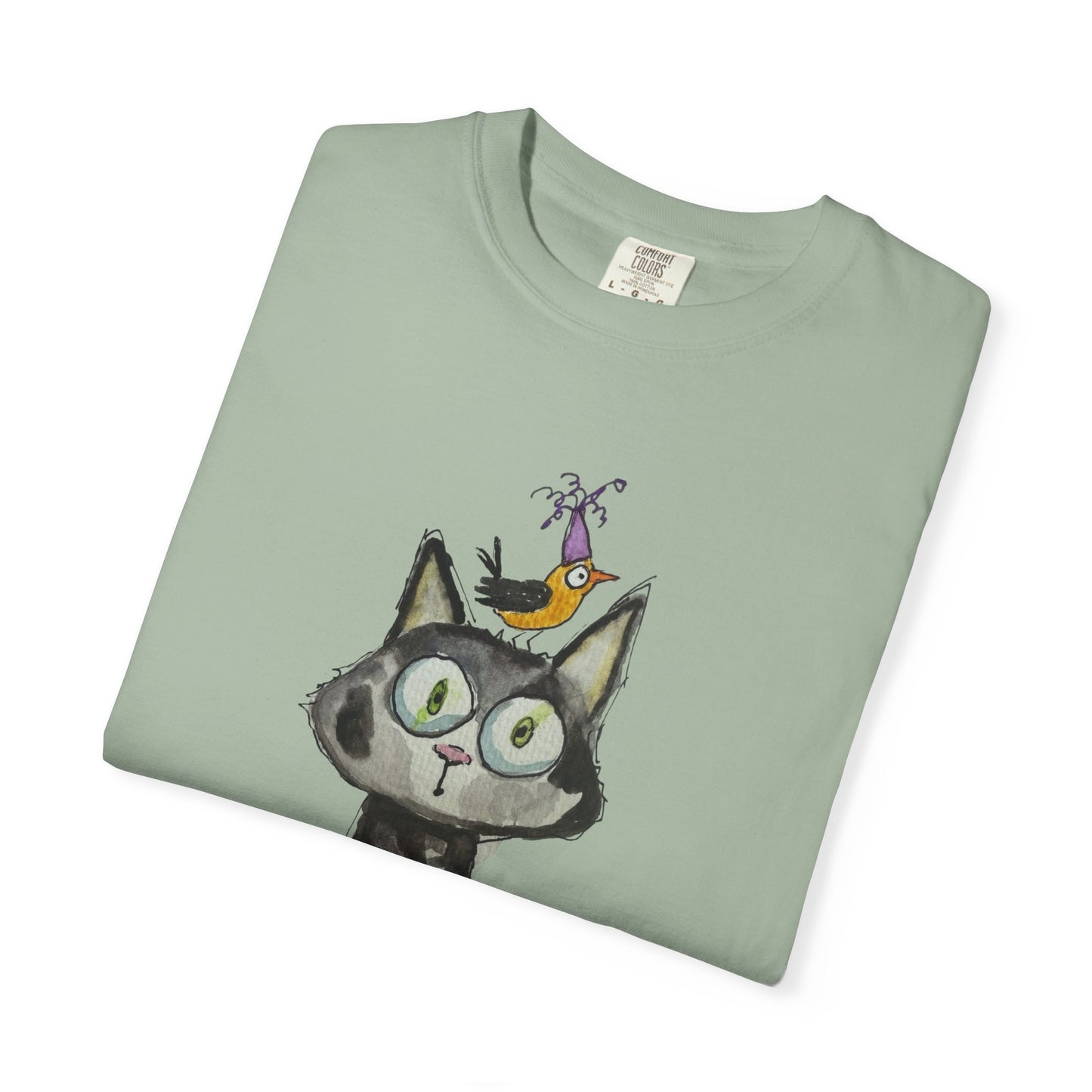Cat Portrait T‑Shirt with Bird Hat — Whimsical Illustration Tee for Cat Lovers