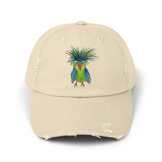 Distressed Dad Hat with Colorful Tropical Bird Embroidery