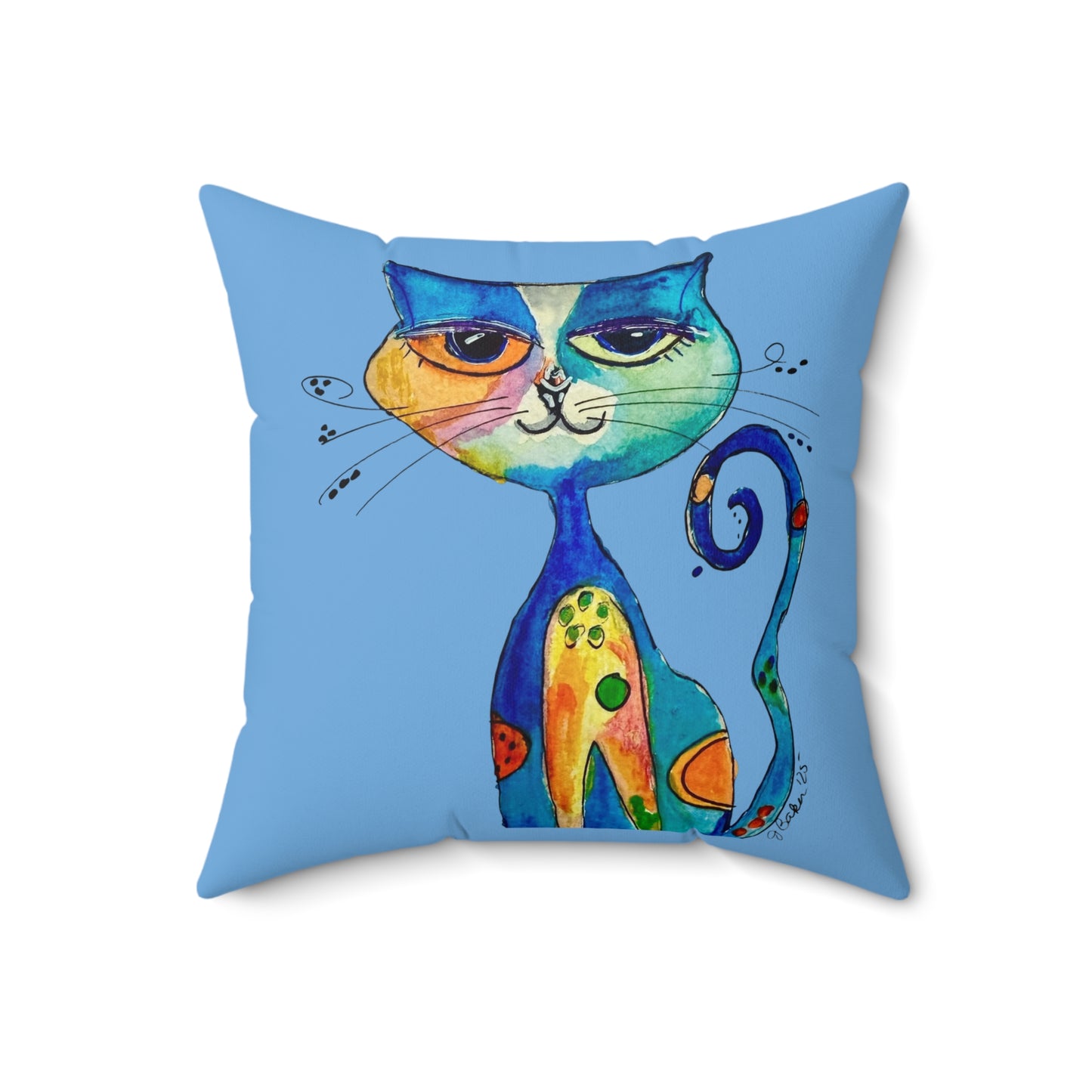 Colorful Whimsical Cat Faux Suede Pillow