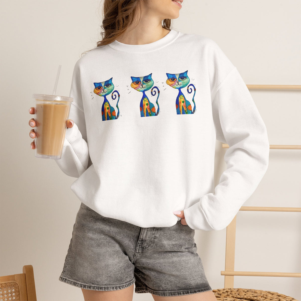 Colorful Cat Trio Crewneck Sweatshirt