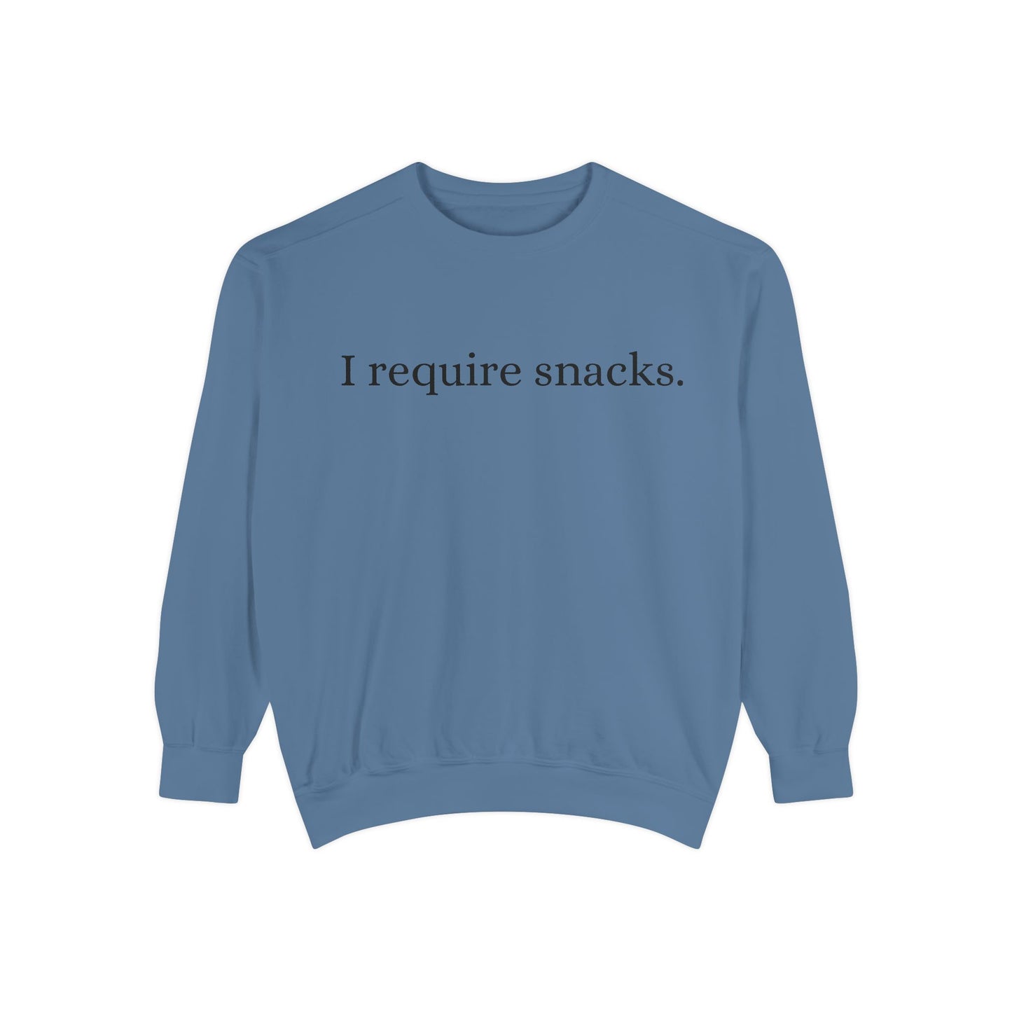 I Require Snacks Sweatshirt — Funny Casual Crewneck for Snack Lovers