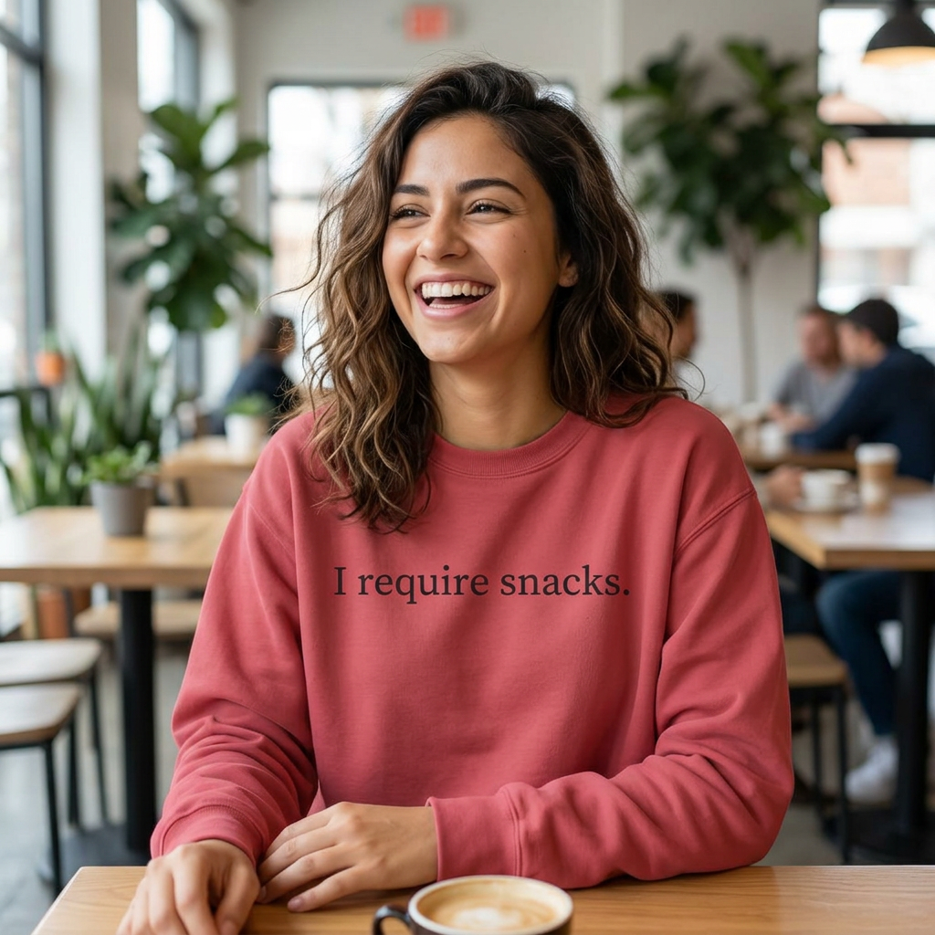 I Require Snacks Sweatshirt — Funny Casual Crewneck for Snack Lovers