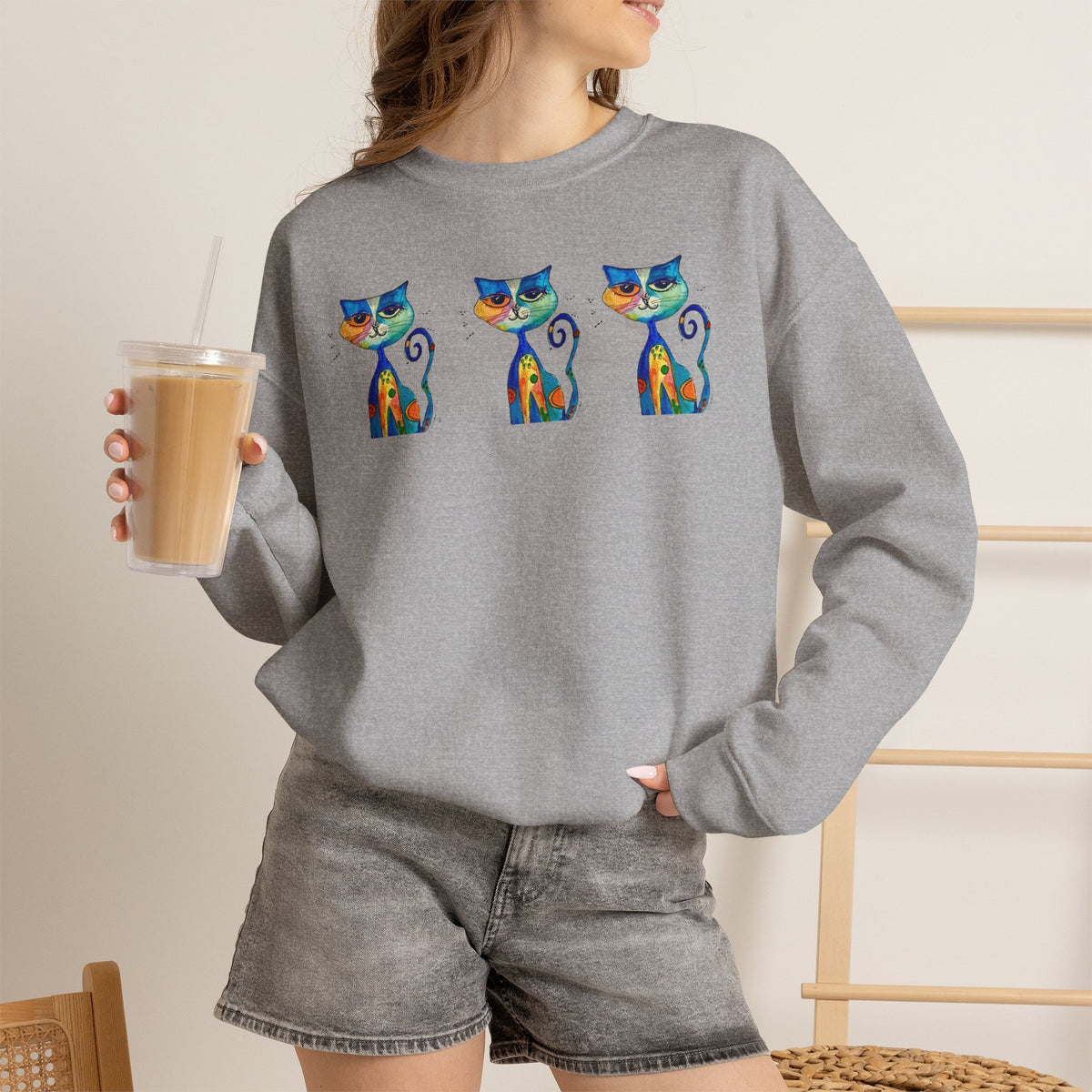 Colorful Cat Trio Crewneck Sweatshirt