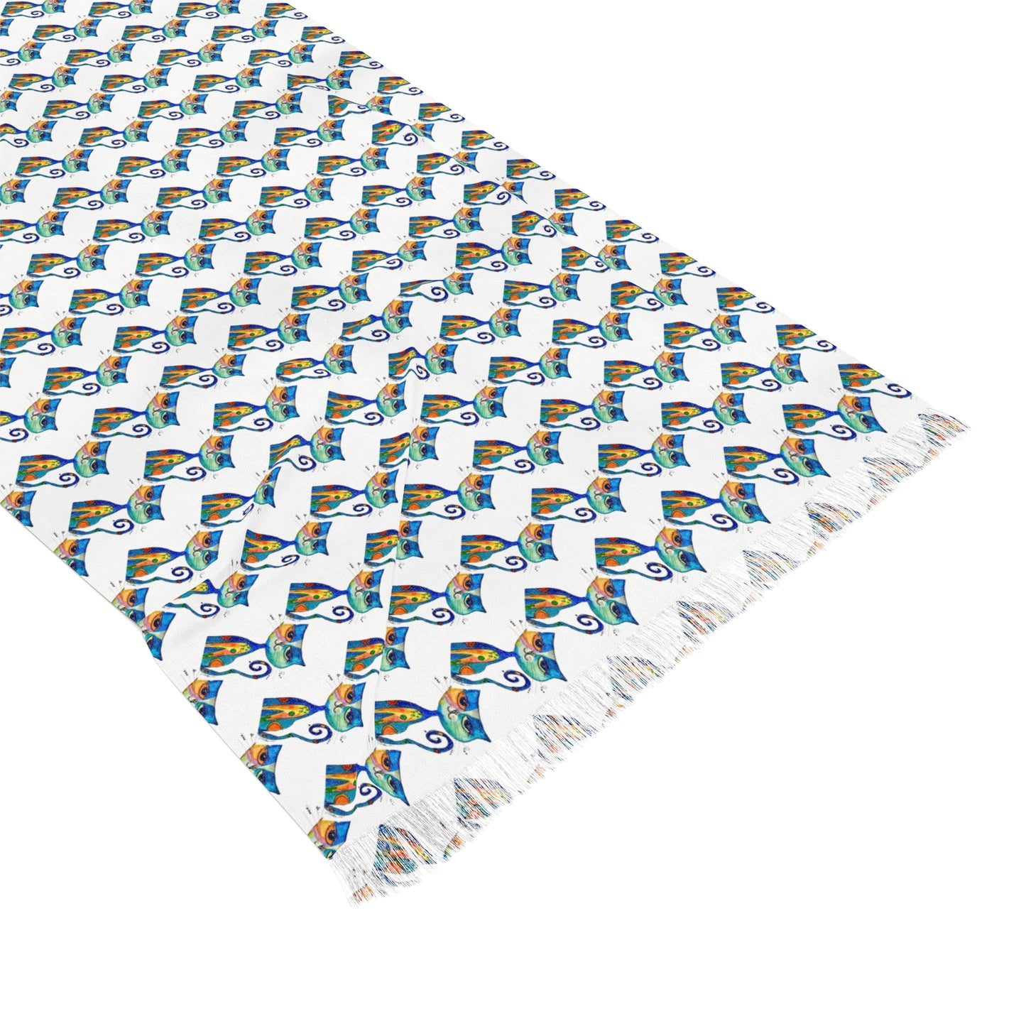 Light Scarf — Lightweight Cat Pattern Scarf in Soft Blue & Grey