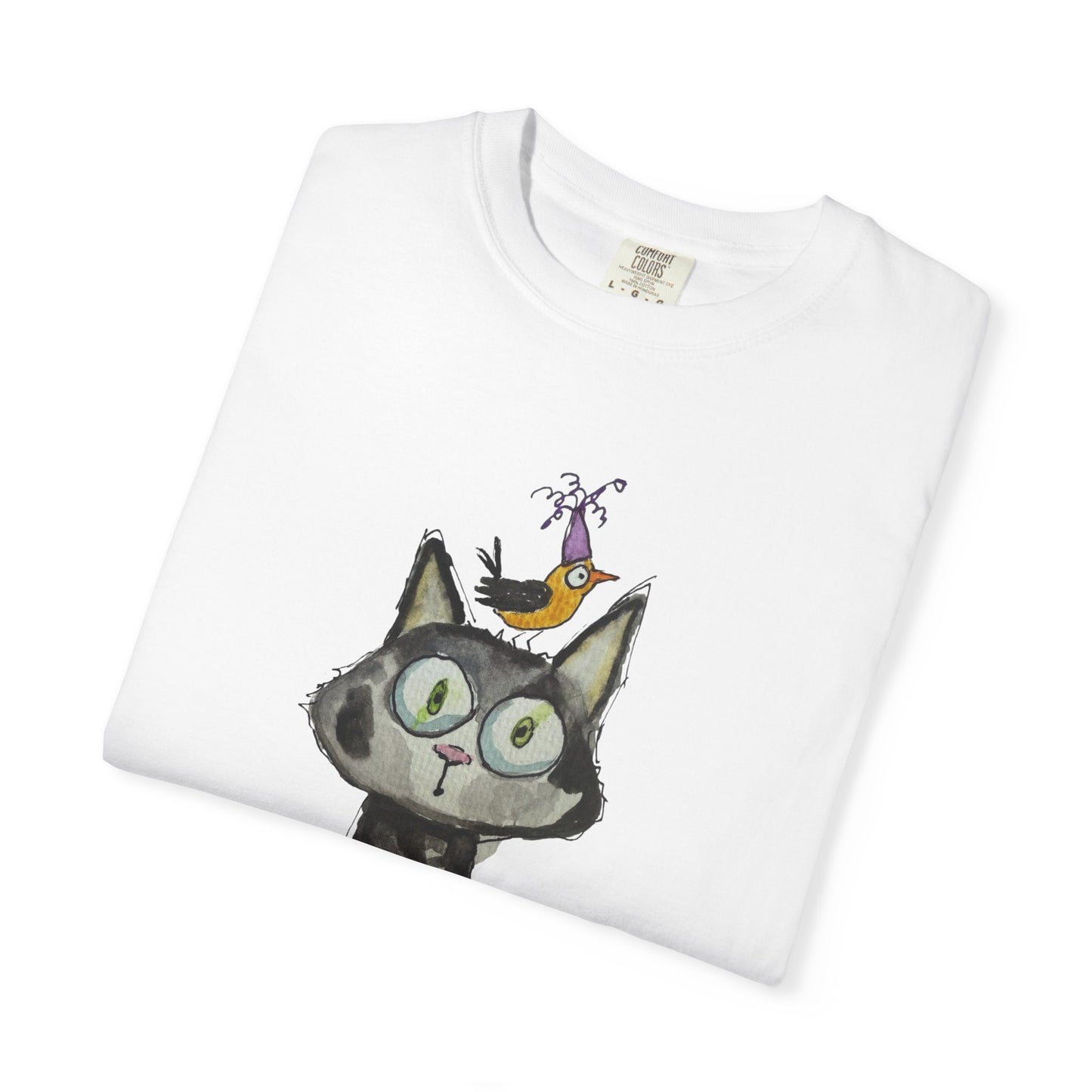 Cat Portrait T‑Shirt with Bird Hat — Whimsical Illustration Tee for Cat Lovers
