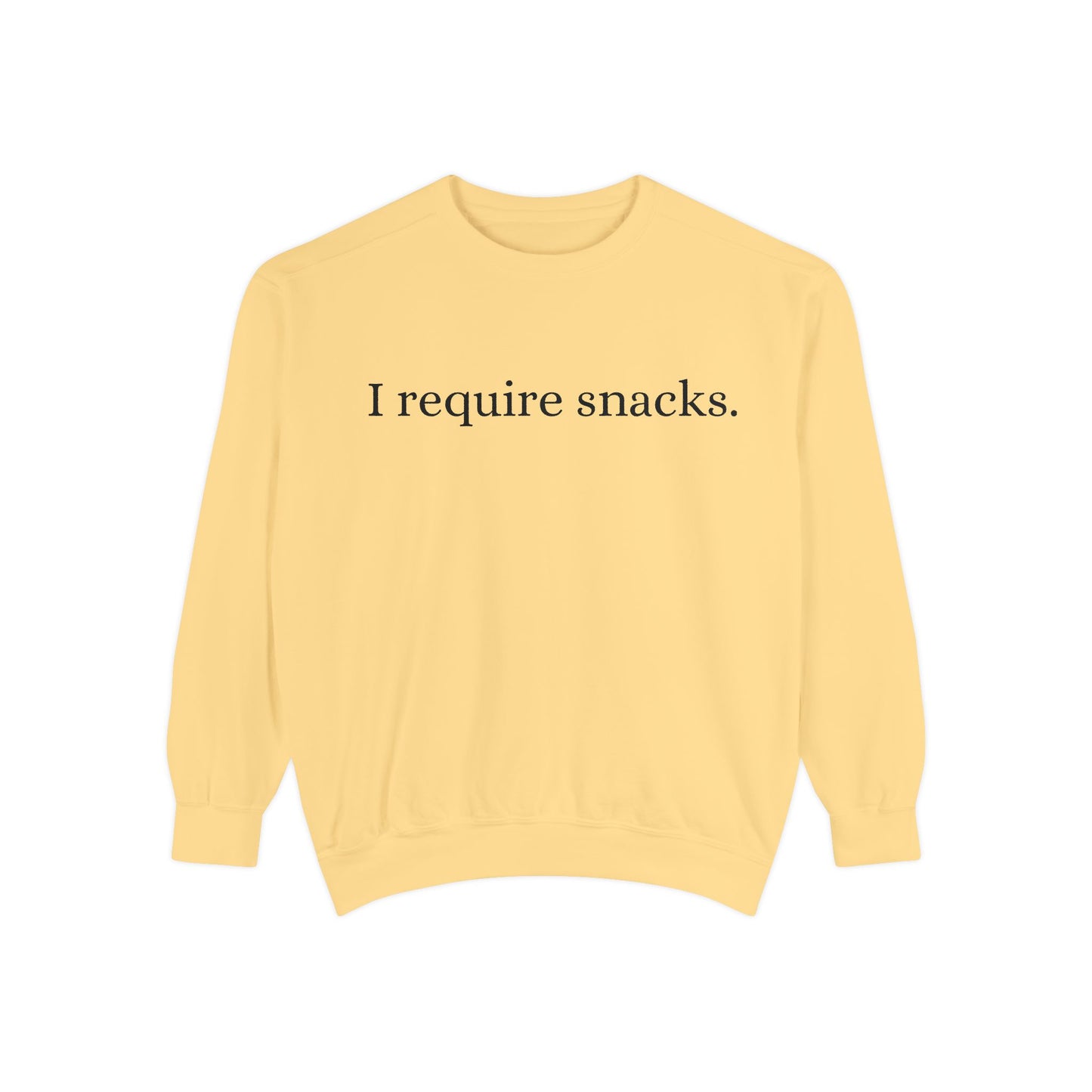 I Require Snacks Sweatshirt — Funny Casual Crewneck for Snack Lovers