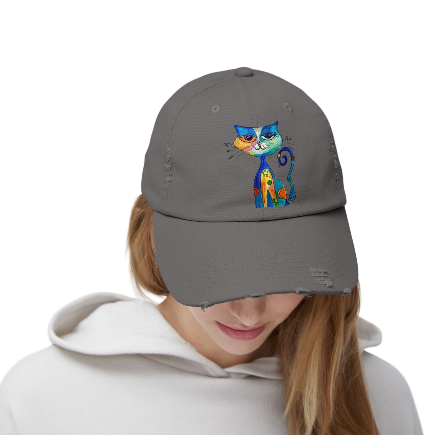 Cat Art Distressed Cap — Colorful Watercolor Cat Hat