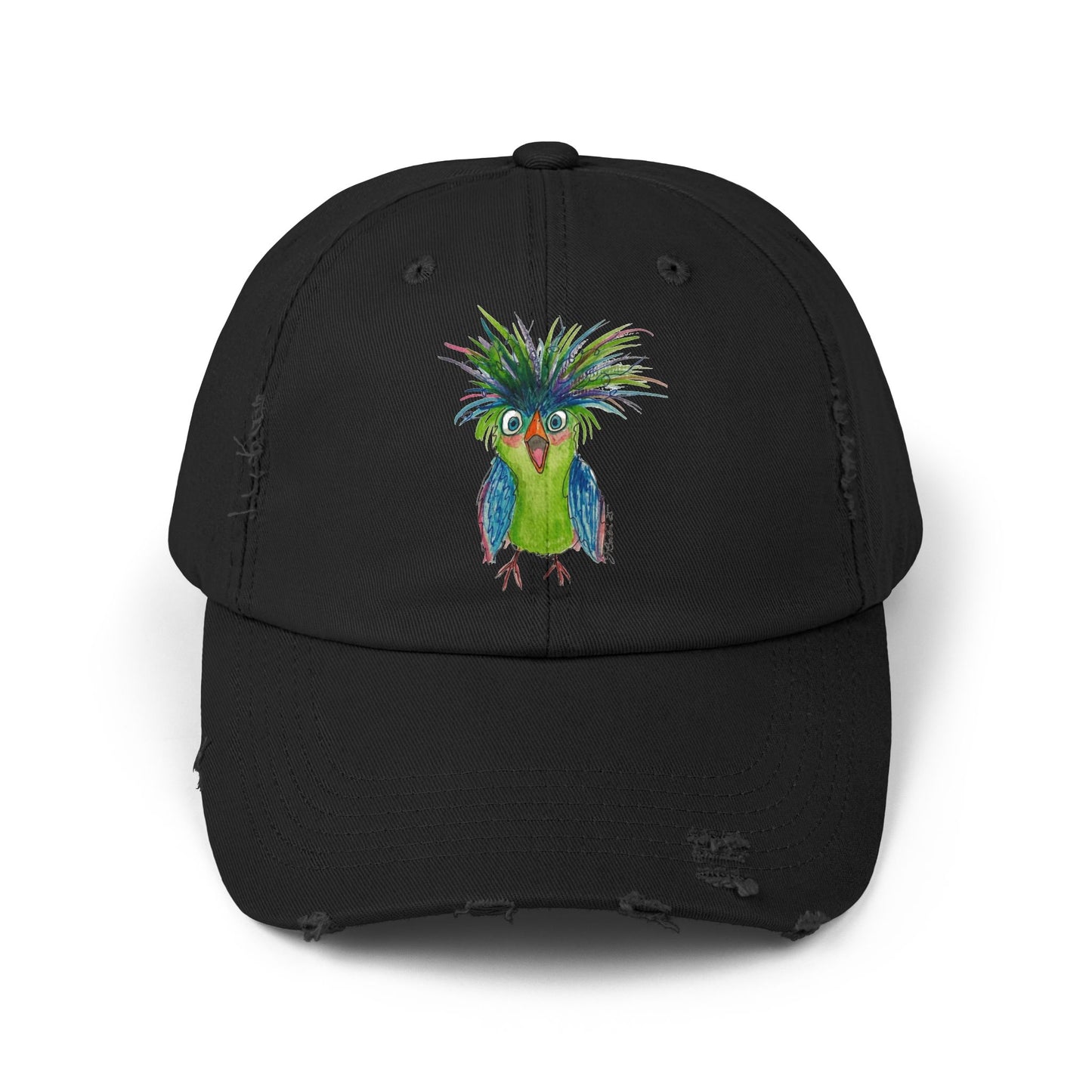 Distressed Dad Hat with Colorful Tropical Bird Embroidery