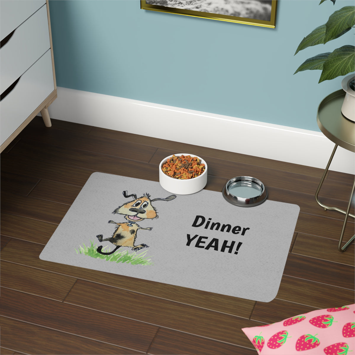 Dinner YEAH!! Pet Food Mat — Cute Cartoon Dog Feeding Placemat (12x18)