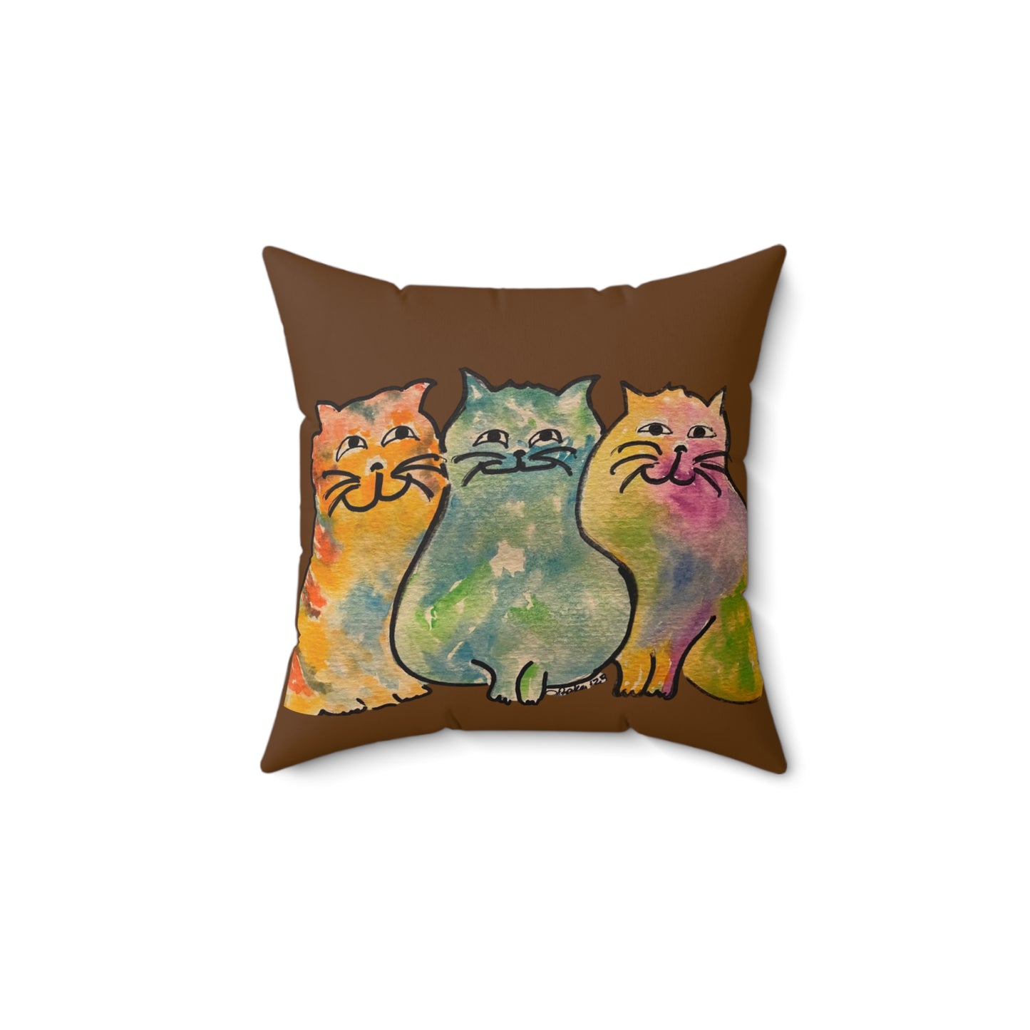 Colorful Watercolor Trio Cats Faux Suede Pillow