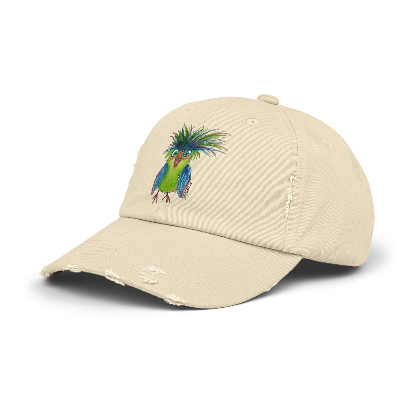 Distressed Dad Hat with Colorful Tropical Bird Embroidery