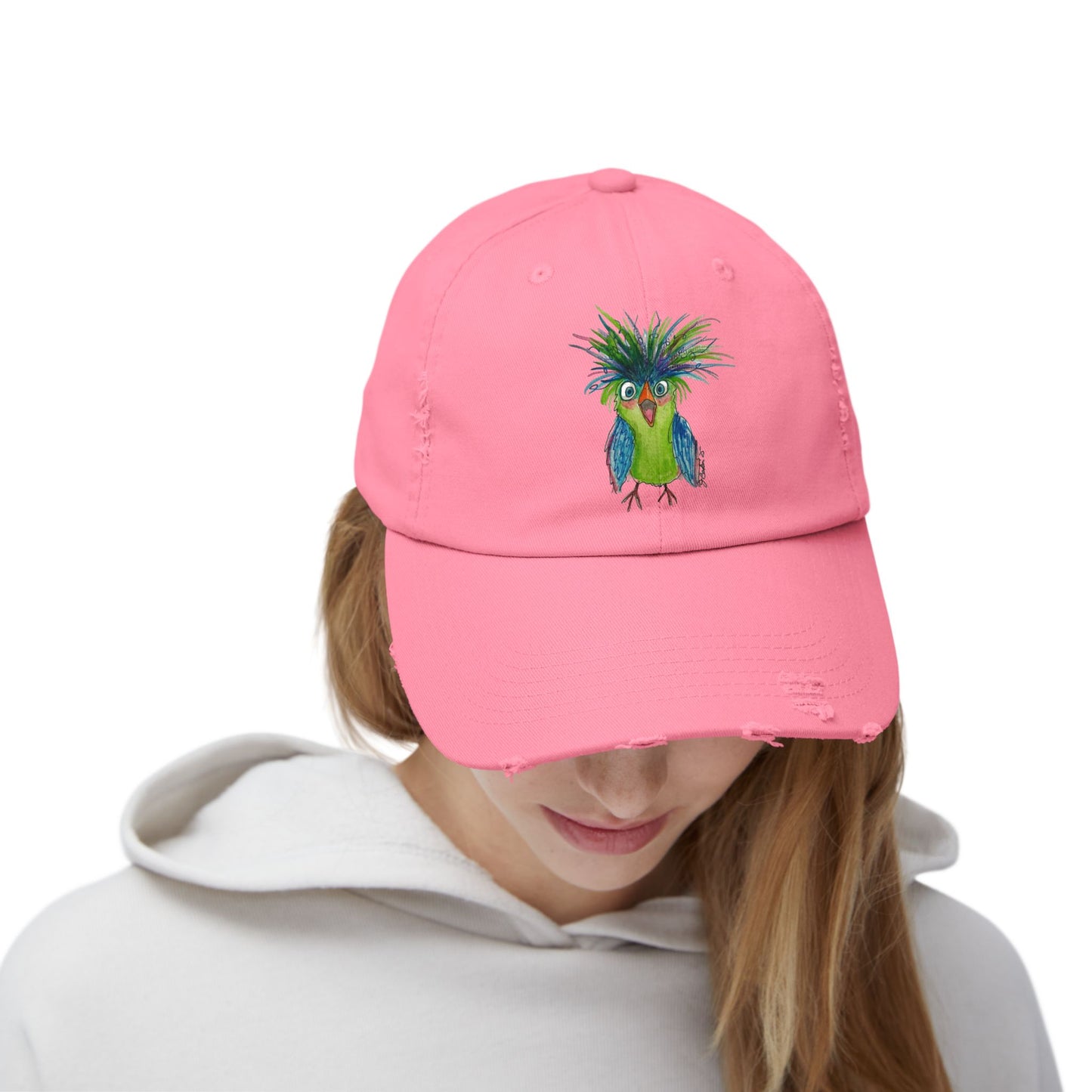 Distressed Dad Hat with Colorful Tropical Bird Embroidery