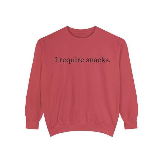 I Require Snacks Sweatshirt — Funny Casual Crewneck for Snack Lovers