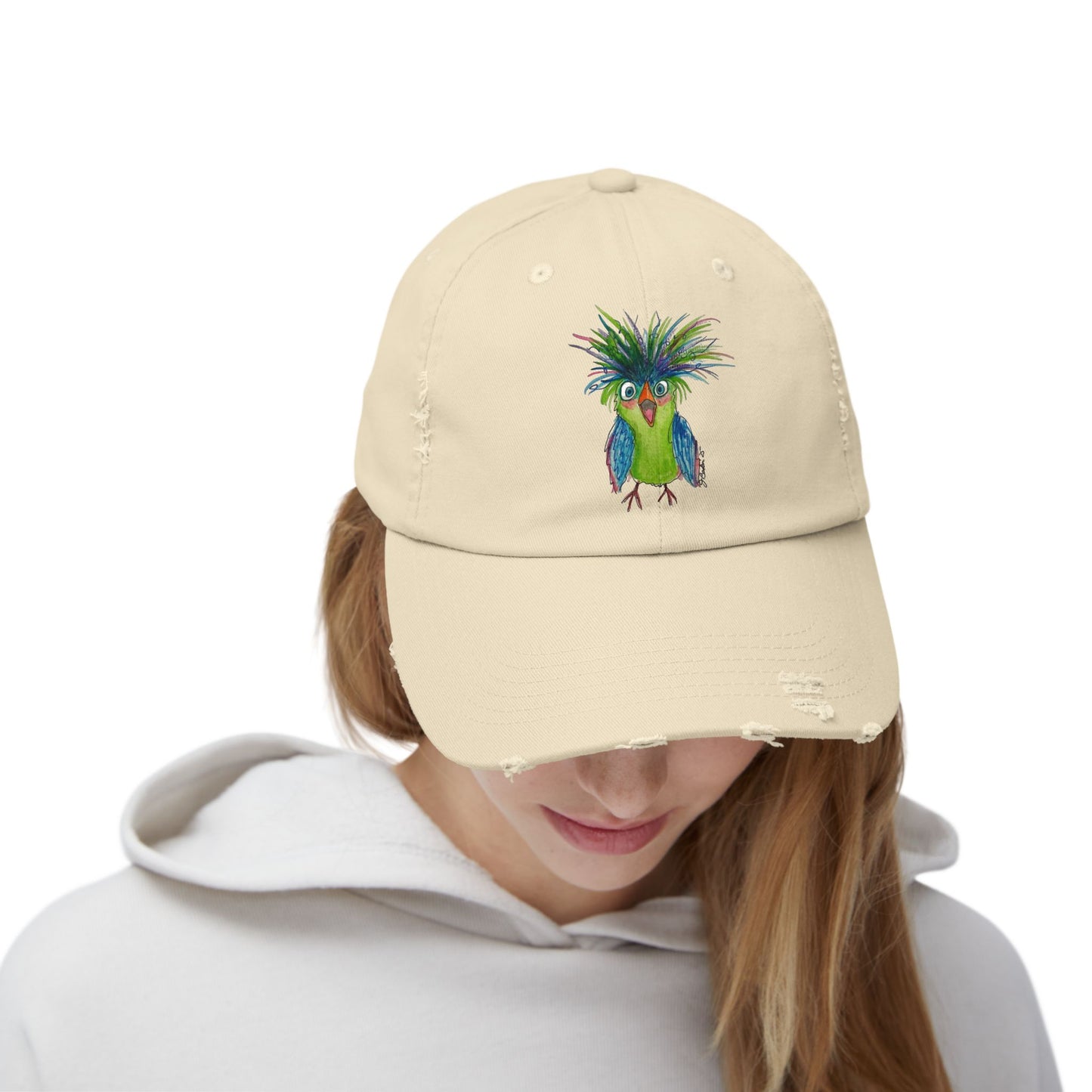 Distressed Dad Hat with Colorful Tropical Bird Embroidery