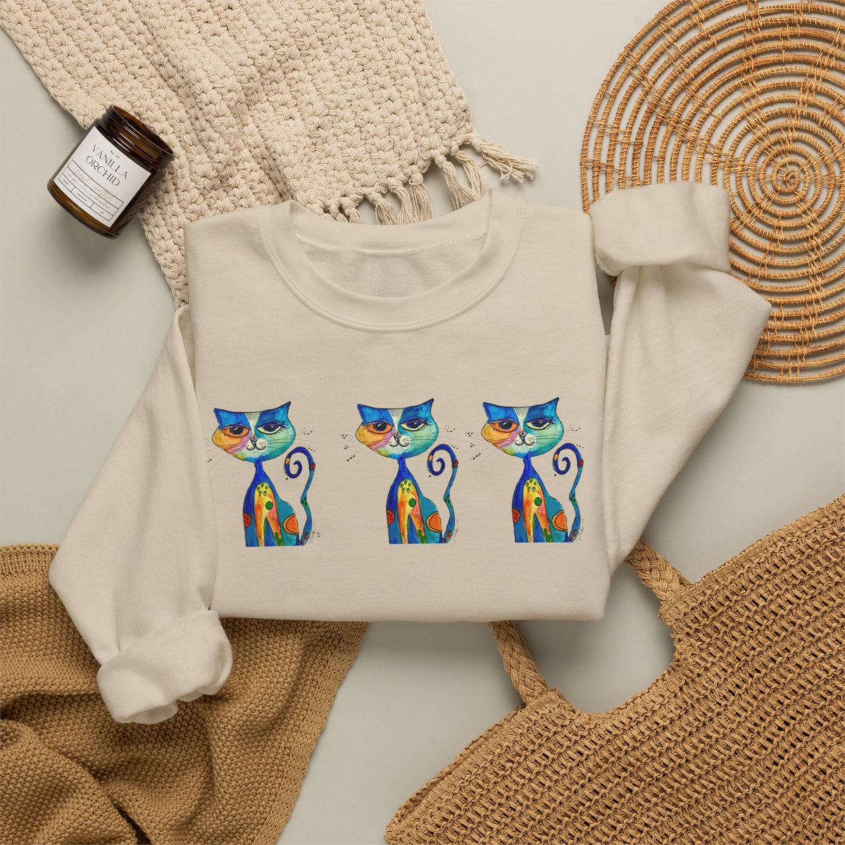 Colorful Cat Trio Crewneck Sweatshirt