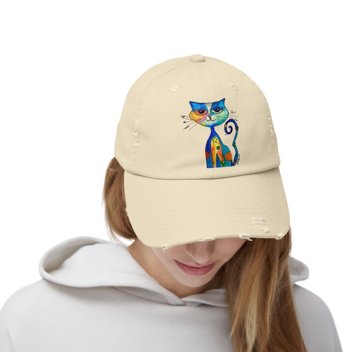 Cat Art Distressed Cap — Colorful Watercolor Cat Hat
